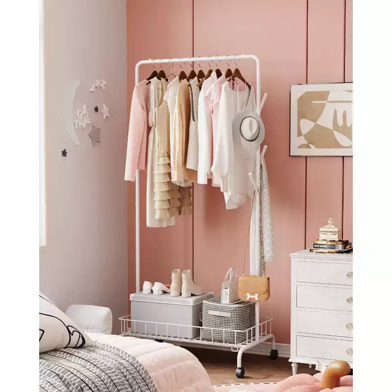 Acekool Portant à vêtements roulant en métal, Organiseur de vêtements à barre unique avec étagère en maille pour suspendre les vêtements, Blanc