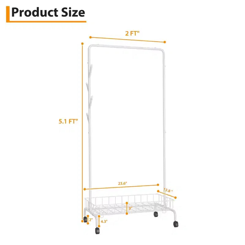 Acekool Portant à vêtements roulant en métal, Organiseur de vêtements à barre unique avec étagère en maille pour suspendre les vêtements, Blanc