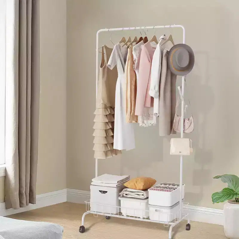 Acekool Portant à vêtements roulant en métal, Organiseur de vêtements à barre unique avec étagère en maille pour suspendre les vêtements, Blanc