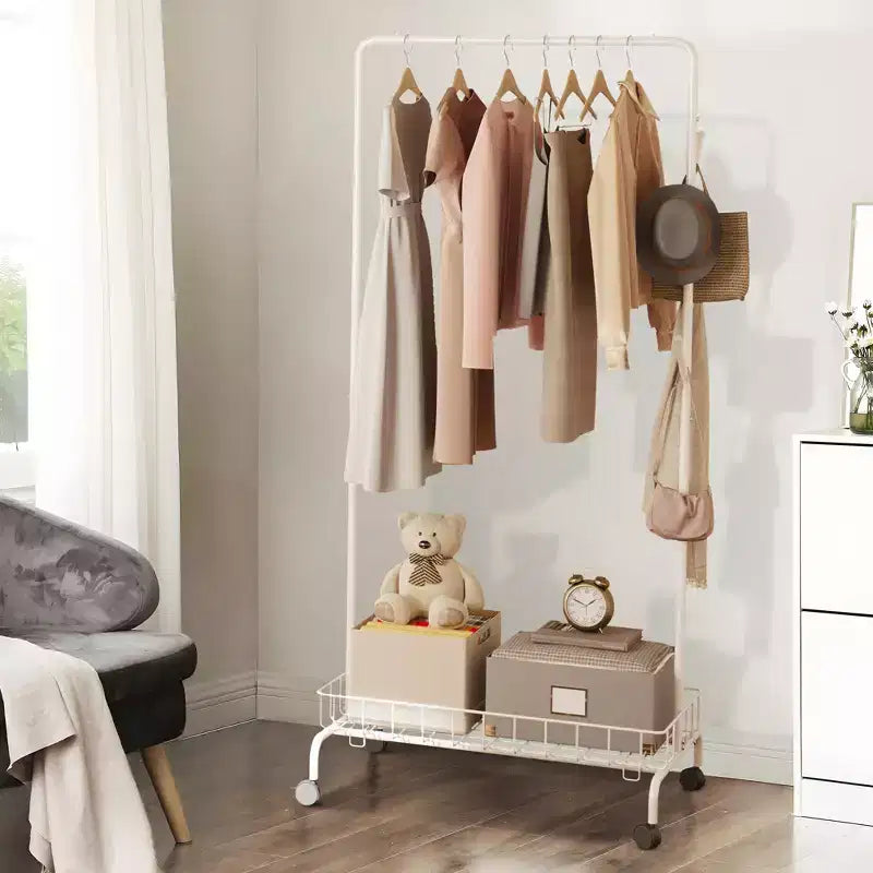 Acekool Portant à vêtements roulant en métal, Organiseur de vêtements à barre unique avec étagère en maille pour suspendre les vêtements, Blanc