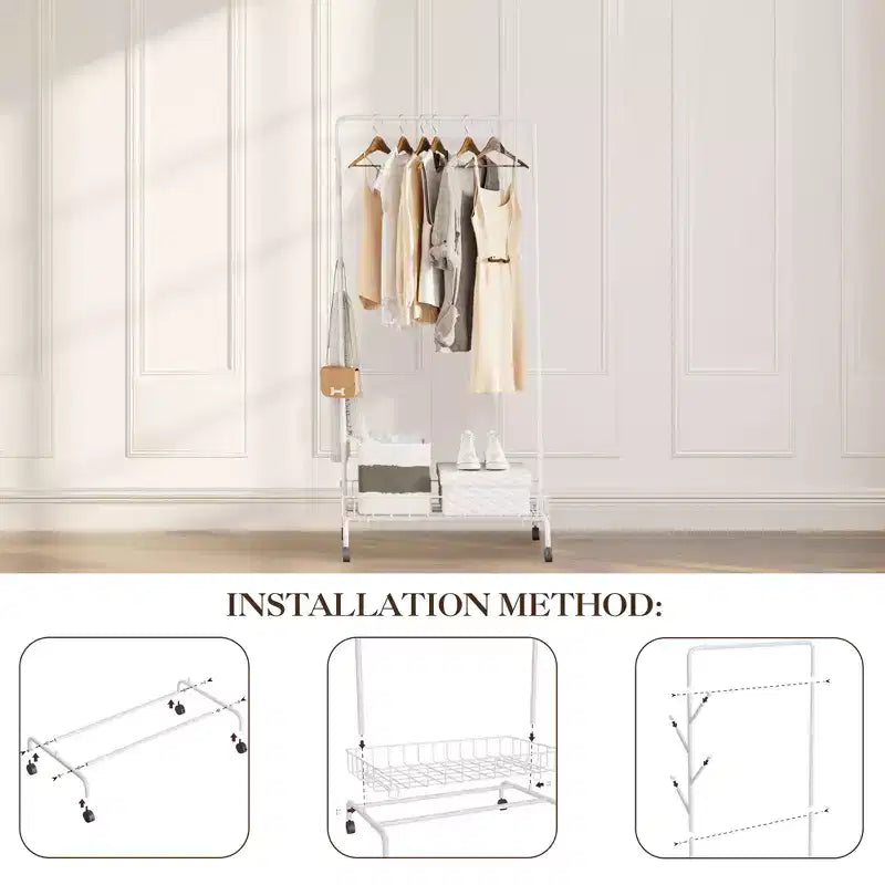 Acekool Portant à vêtements roulant en métal, Organiseur de vêtements à barre unique avec étagère en maille pour suspendre les vêtements, Blanc