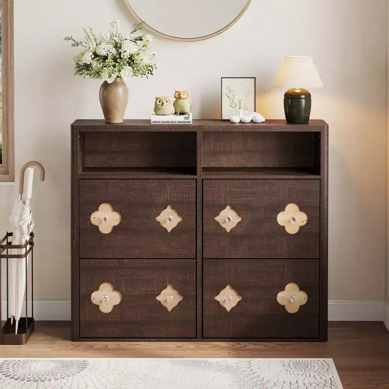 Meuble à chaussures à 4 tiroirs basculants avec étagères réglables, rangement ouvert, motif floral, poignée diamant, organiseur à chaussures en bois mince pour entrée et couloir