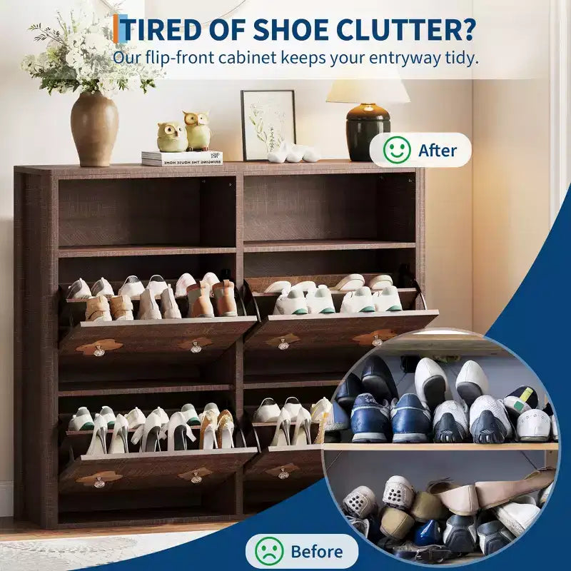Meuble à chaussures à 4 tiroirs basculants avec étagères réglables, rangement ouvert, motif floral, poignée diamant, organiseur à chaussures en bois mince pour entrée et couloir
