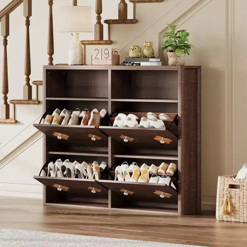 Meuble à chaussures à 4 tiroirs basculants avec étagères réglables, rangement ouvert, motif floral, poignée diamant, organiseur à chaussures en bois mince pour entrée et couloir
