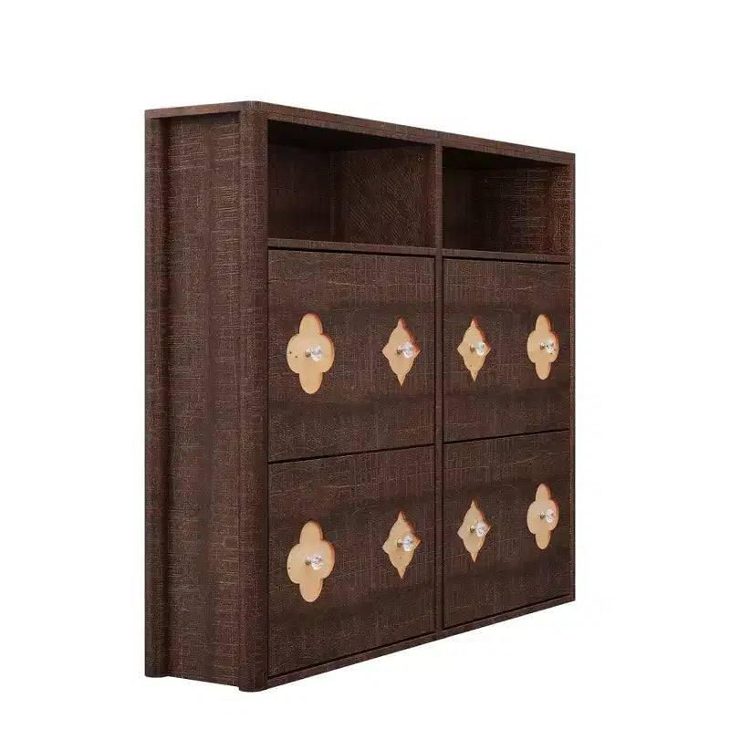 Meuble à chaussures à 4 tiroirs basculants avec étagères réglables, rangement ouvert, motif floral, poignée diamant, organiseur à chaussures en bois mince pour entrée et couloir