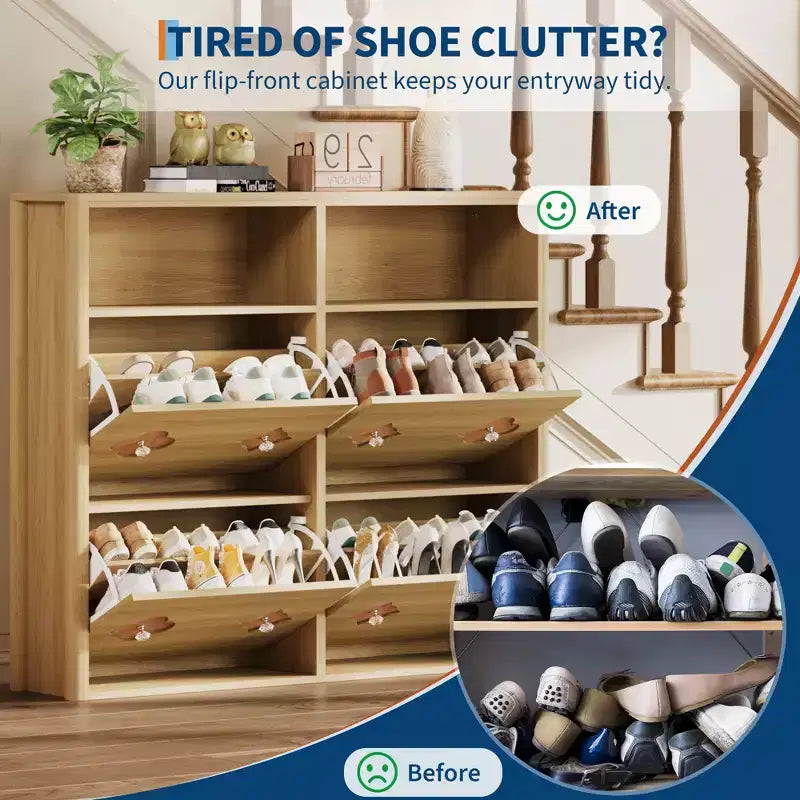 Meuble à chaussures à 4 tiroirs basculants avec étagères réglables, rangement ouvert, motif floral, poignée diamant, organiseur à chaussures en bois mince pour entrée et couloir