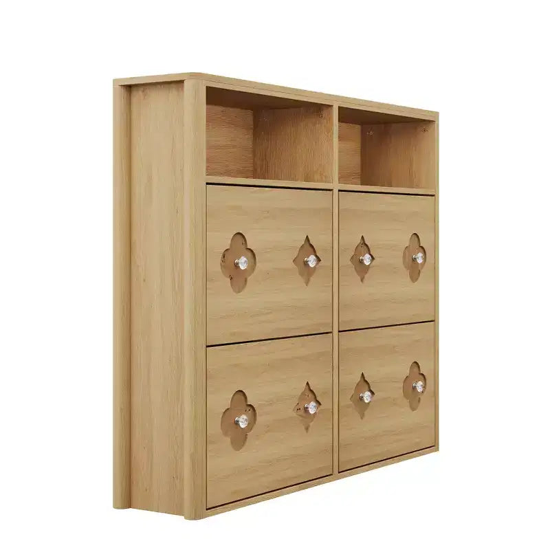 Meuble à chaussures à 4 tiroirs basculants avec étagères réglables, rangement ouvert, motif floral, poignée diamant, organiseur à chaussures en bois mince pour entrée et couloir