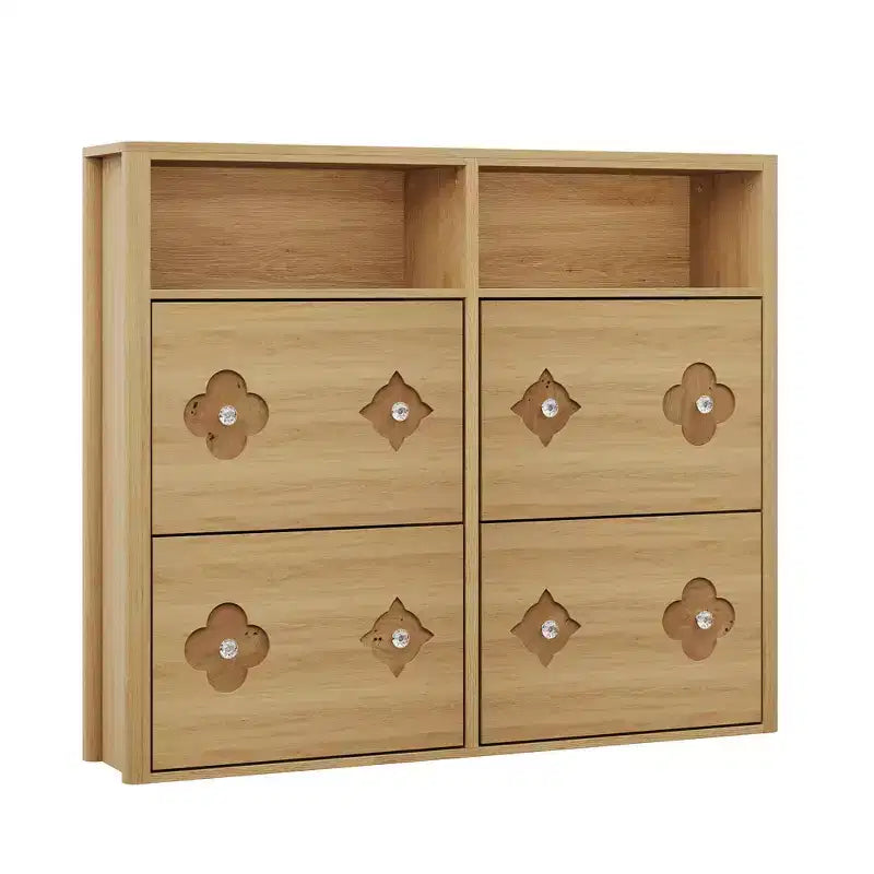 Meuble à chaussures à 4 tiroirs basculants avec étagères réglables, rangement ouvert, motif floral, poignée diamant, organiseur à chaussures en bois mince pour entrée et couloir