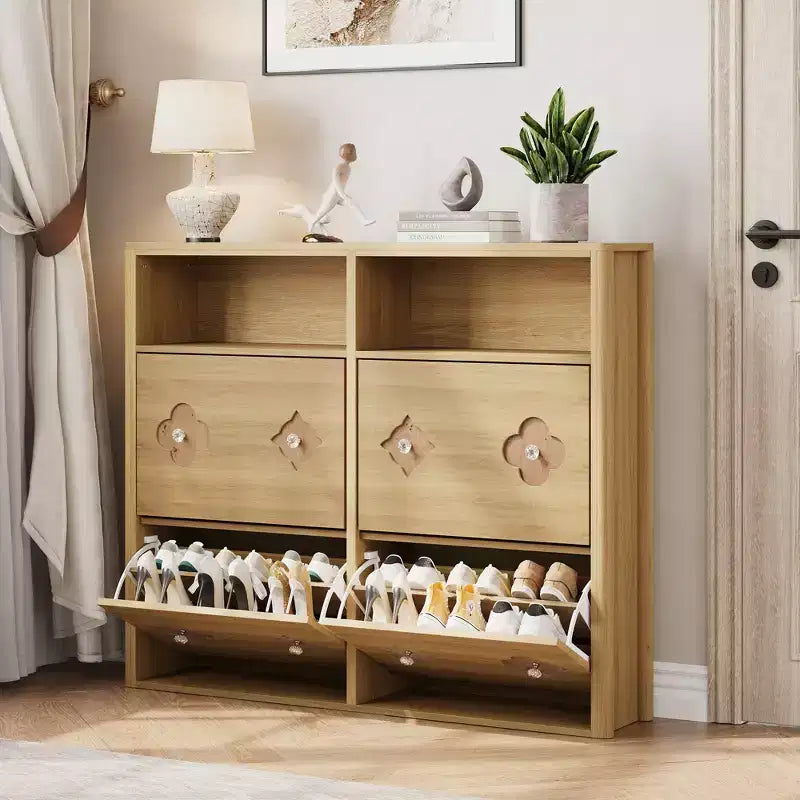 Meuble à chaussures à 4 tiroirs basculants avec étagères réglables, rangement ouvert, motif floral, poignée diamant, organiseur à chaussures en bois mince pour entrée et couloir