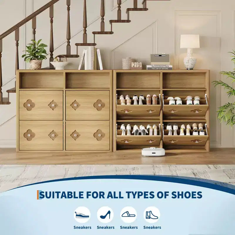 Meuble à chaussures à 4 tiroirs basculants avec étagères réglables, rangement ouvert, motif floral, poignée diamant, organiseur à chaussures en bois mince pour entrée et couloir