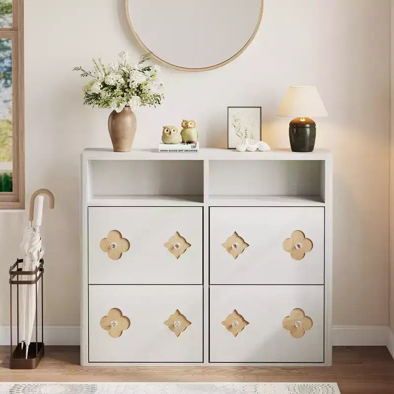 Meuble à chaussures à 4 tiroirs basculants avec étagères réglables, rangement ouvert, motif floral, poignée diamant, organiseur à chaussures en bois mince pour entrée et couloir