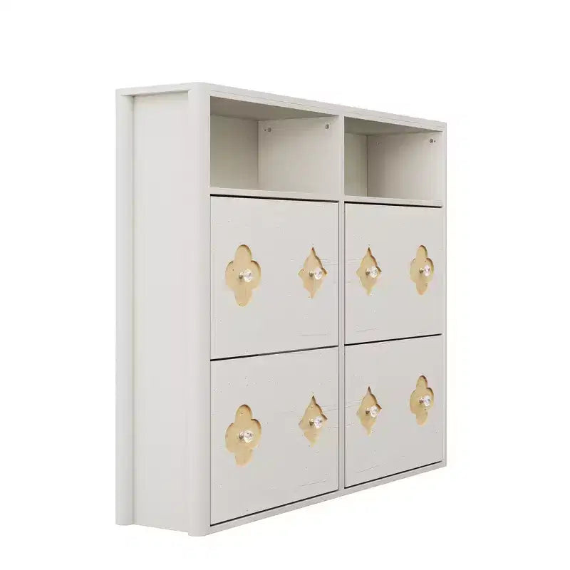 Meuble à chaussures à 4 tiroirs basculants avec étagères réglables, rangement ouvert, motif floral, poignée diamant, organiseur à chaussures en bois mince pour entrée et couloir