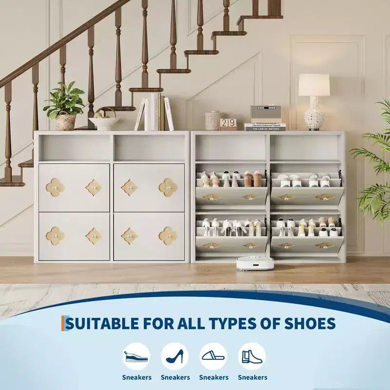 Meuble à chaussures à 4 tiroirs basculants avec étagères réglables, rangement ouvert, motif floral, poignée diamant, organiseur à chaussures en bois mince pour entrée et couloir