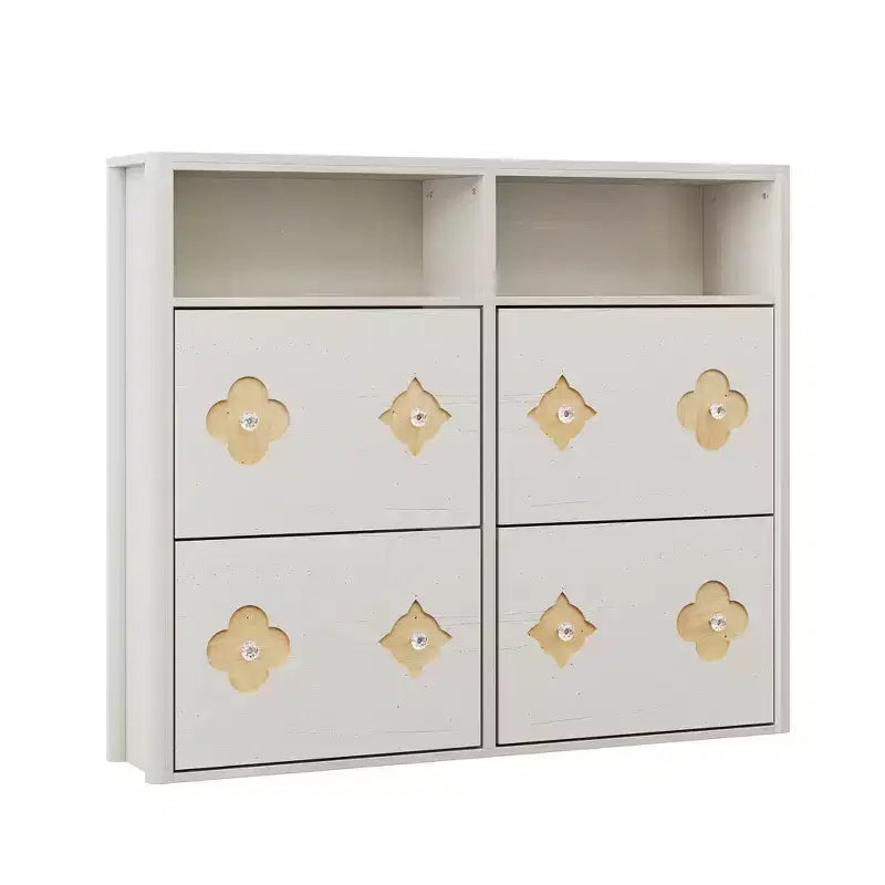 Meuble à chaussures à 4 tiroirs basculants avec étagères réglables, rangement ouvert, motif floral, poignée diamant, organiseur à chaussures en bois mince pour entrée et couloir