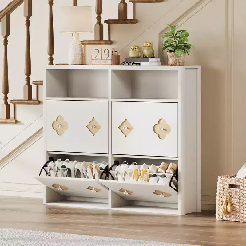 Meuble à chaussures à 4 tiroirs basculants avec étagères réglables, rangement ouvert, motif floral, poignée diamant, organiseur à chaussures en bois mince pour entrée et couloir