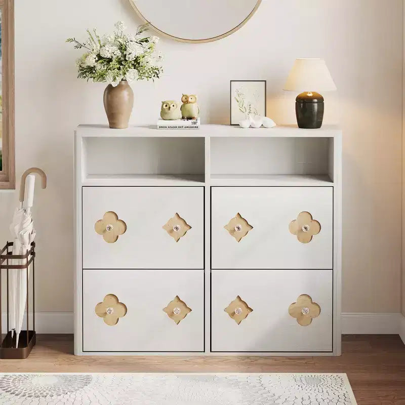 Meuble à chaussures à 4 tiroirs basculants avec étagères réglables, rangement ouvert, motif floral, poignée diamant, organiseur à chaussures en bois mince pour entrée et couloir
