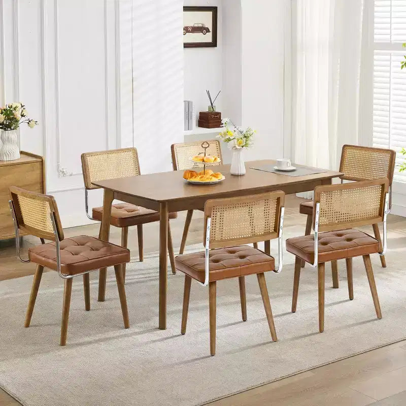 Modern Boho Rattan Dining Chairs Set of 4/6, Soft Upholstered Seat, Tall Cane Back, Sturdy Wooden Legs, for Kitchen, Dining Room, Restaurant