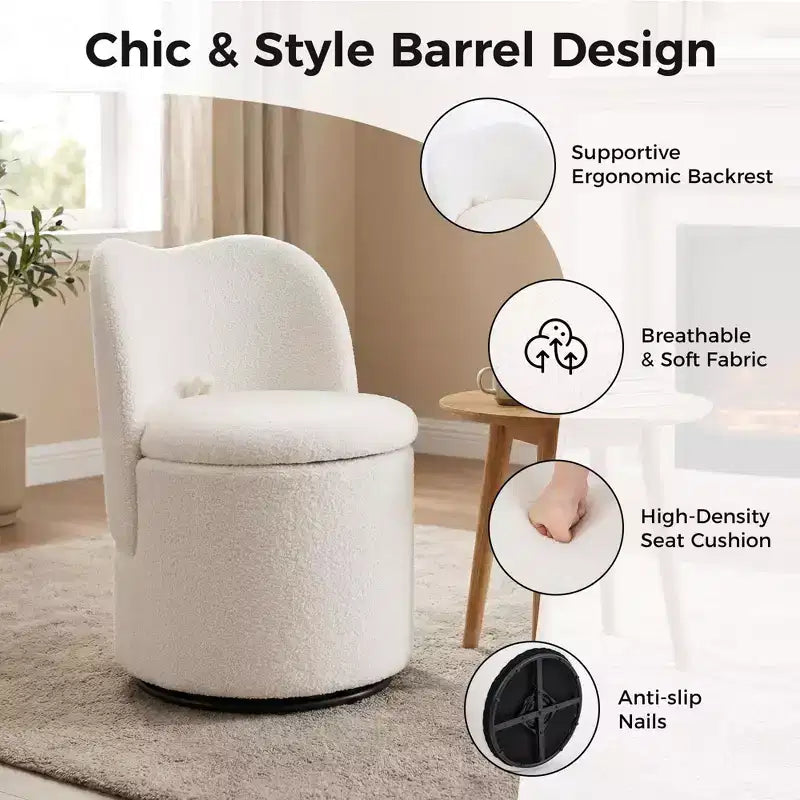Chaise de Vanité Pivotante à 360° avec Rangement - 159 kg, Velours Teddy/Velours, Compartiment Caché, Aucun Assemblage Requis
