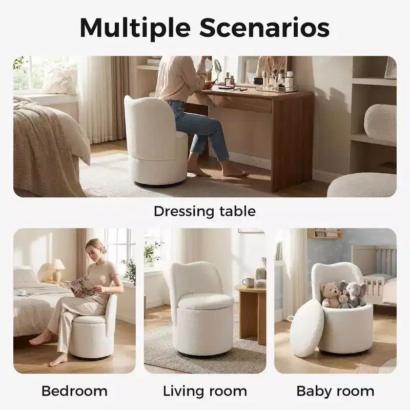 Chaise de Vanité Pivotante à 360° avec Rangement - 159 kg, Velours Teddy/Velours, Compartiment Caché, Aucun Assemblage Requis