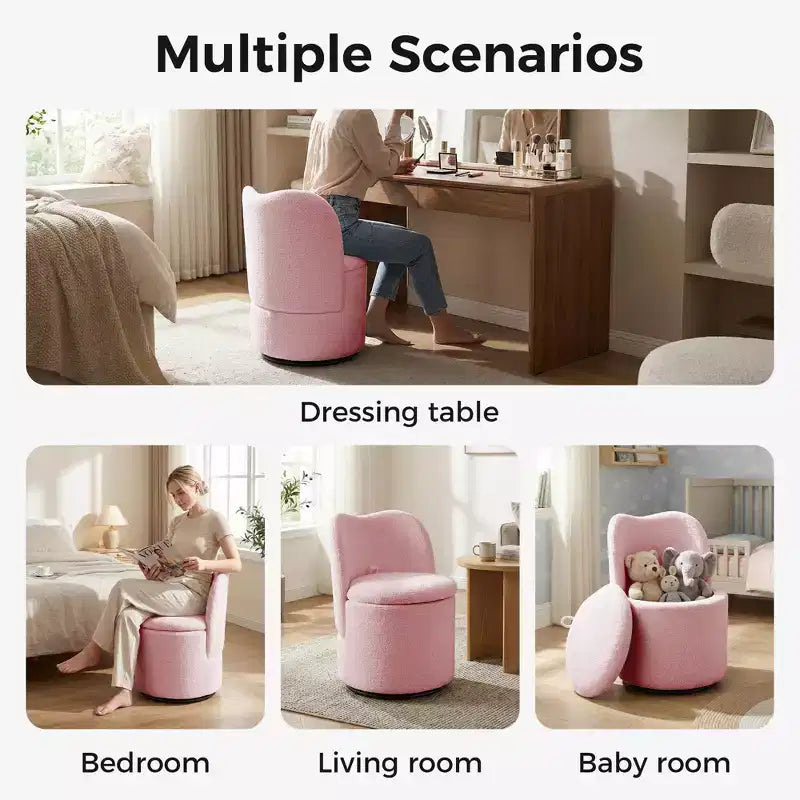 Chaise de Vanité Pivotante à 360° avec Rangement - 159 kg, Velours Teddy/Velours, Compartiment Caché, Aucun Assemblage Requis