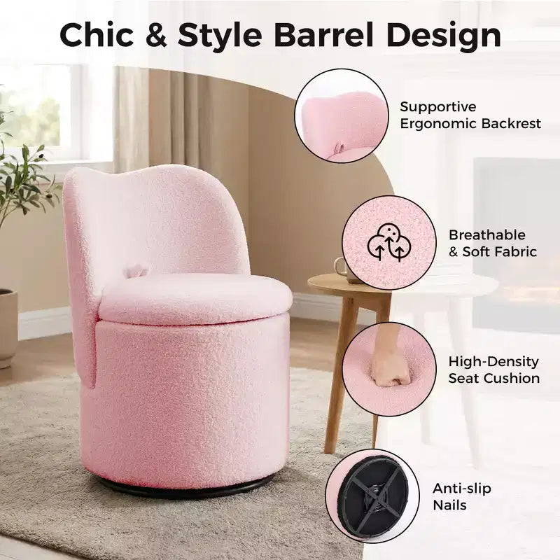 Chaise de Vanité Pivotante à 360° avec Rangement - 159 kg, Velours Teddy/Velours, Compartiment Caché, Aucun Assemblage Requis