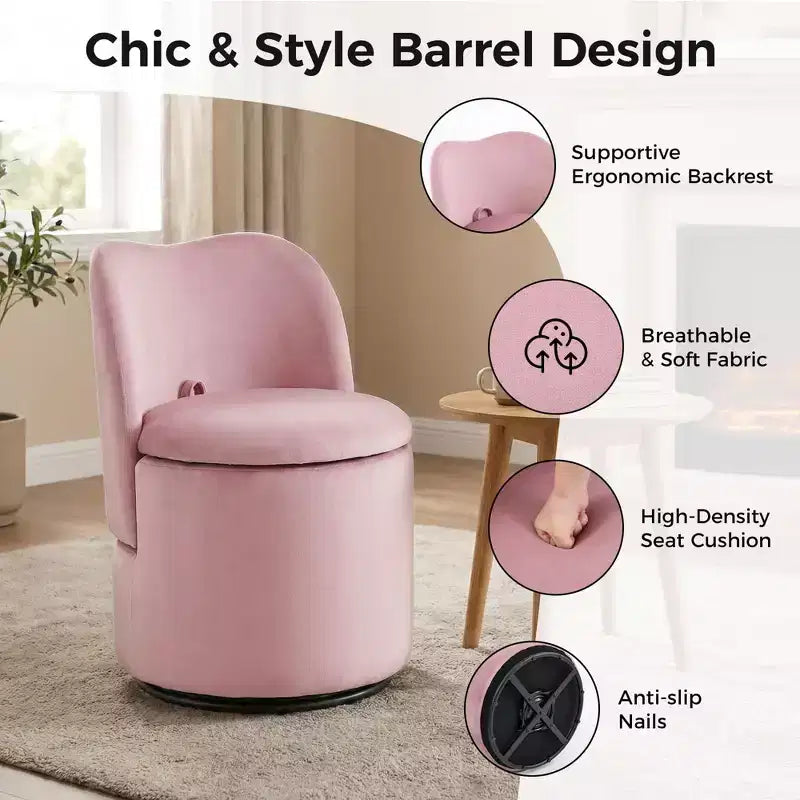 Chaise de Vanité Pivotante à 360° avec Rangement - 159 kg, Velours Teddy/Velours, Compartiment Caché, Aucun Assemblage Requis