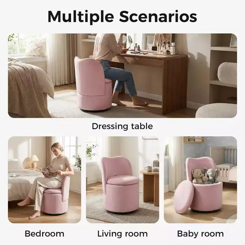 Chaise de Vanité Pivotante à 360° avec Rangement - 159 kg, Velours Teddy/Velours, Compartiment Caché, Aucun Assemblage Requis