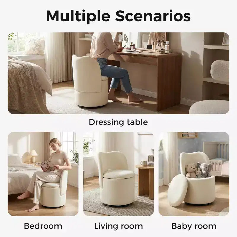Chaise de Vanité Pivotante à 360° avec Rangement - 159 kg, Velours Teddy/Velours, Compartiment Caché, Aucun Assemblage Requis