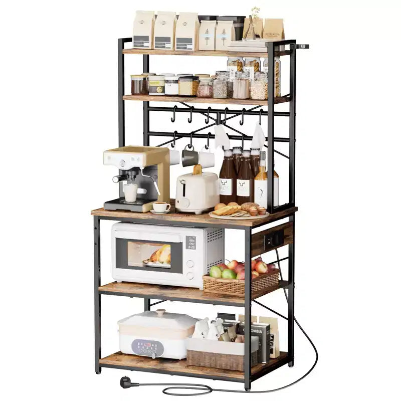Kitchen Bakers Rack, 5 Ft Power Cable Bakers Rack with Power Outlet, Kitchen Stand with X-Shaped Support Bar, 12 S-Shaped Hooks