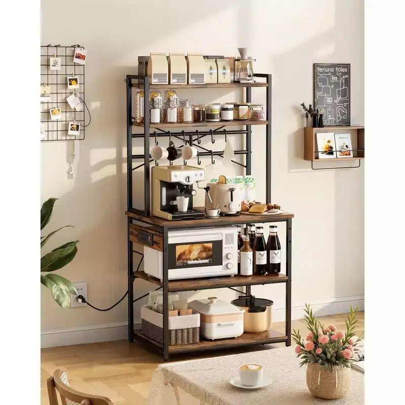 Étagère de cuisine style boulanger, avec câble d'alimentation de 1,5 m et prise électrique, étagère de cuisine avec barre de support en X, 12 crochets en S