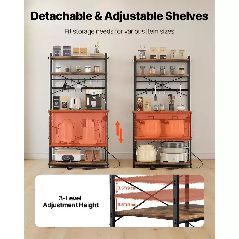 Étagère de cuisine style boulanger, avec câble d'alimentation de 1,5 m et prise électrique, étagère de cuisine avec barre de support en X, 12 crochets en S