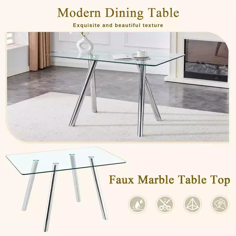 Ora Maison Table de salle à manger moderne en verre trempé Table de cuisine avec base en métal et coins arrondis sécurisés