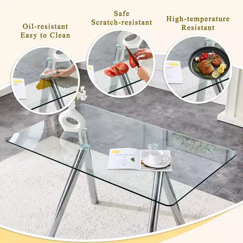 Ora Maison Table de salle à manger moderne en verre trempé Table de cuisine avec base en métal et coins arrondis sécurisés