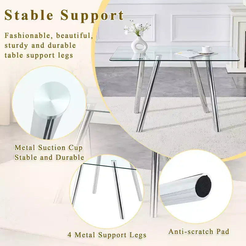 Ora Maison Table de salle à manger moderne en verre trempé Table de cuisine avec base en métal et coins arrondis sécurisés