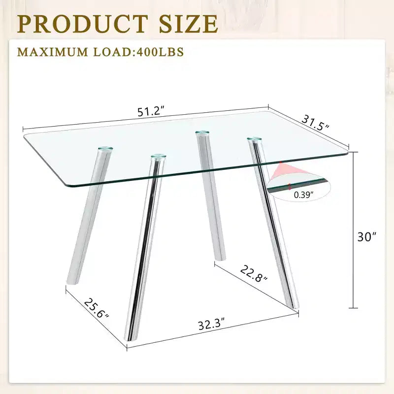 Ora Maison Table de salle à manger moderne en verre trempé Table de cuisine avec base en métal et coins arrondis sécurisés