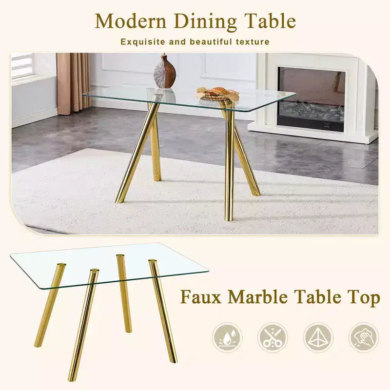 Ora Maison Table de salle à manger moderne en verre trempé Table de cuisine avec base en métal et coins arrondis sécurisés