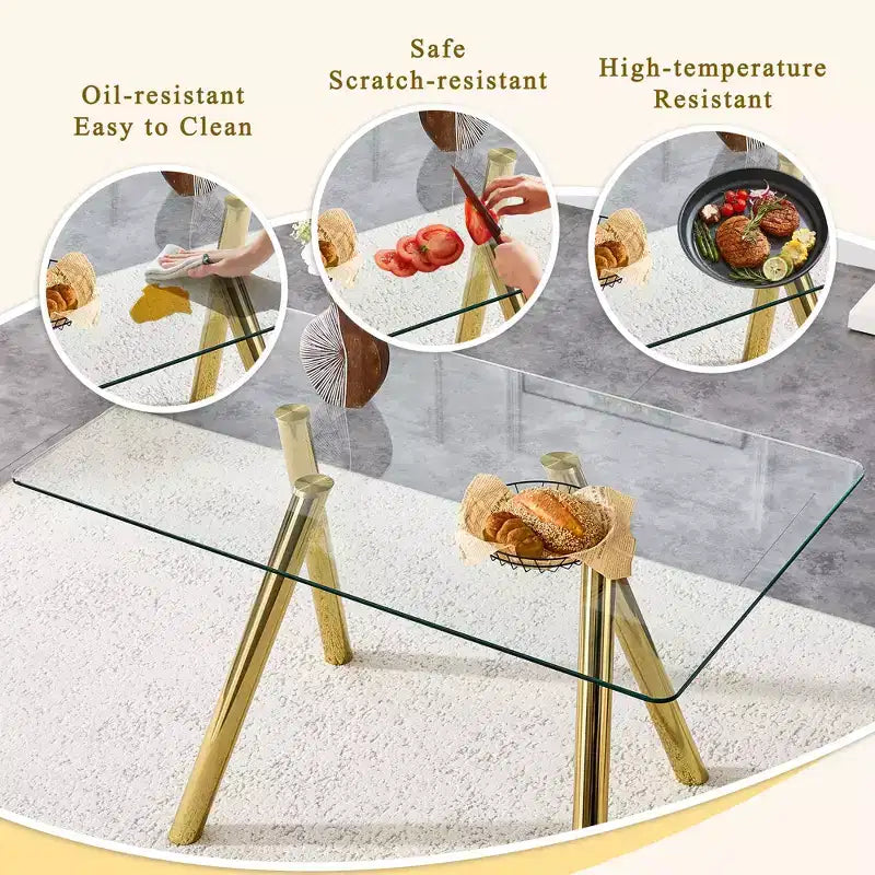 Ora Maison Table de salle à manger moderne en verre trempé Table de cuisine avec base en métal et coins arrondis sécurisés