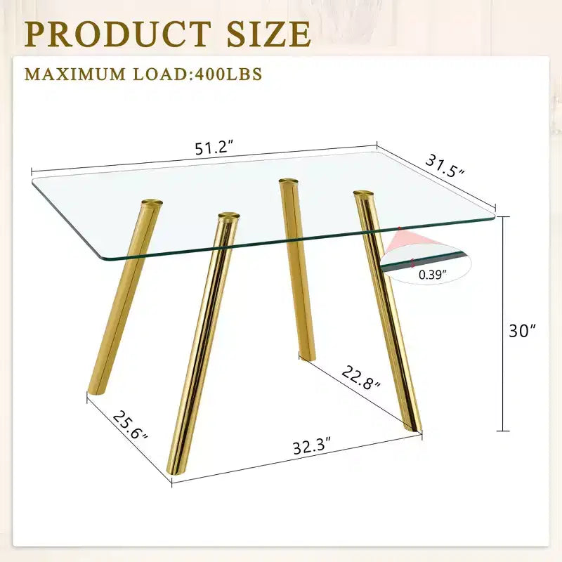 Ora Maison Table de salle à manger moderne en verre trempé Table de cuisine avec base en métal et coins arrondis sécurisés
