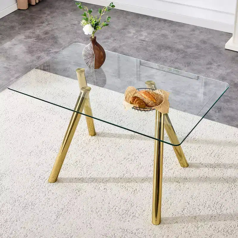 Ora Maison Table de salle à manger moderne en verre trempé Table de cuisine avec base en métal et coins arrondis sécurisés