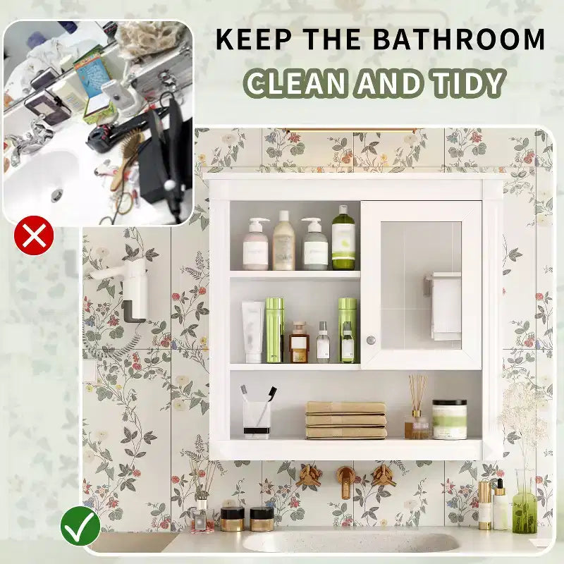 AMMER Armoire de salle de bain murale 32'' avec miroir, Armoire à pharmacie murale avec 4 étagères, Meuble de rangement avec porte miroir au-dessus des toilettes