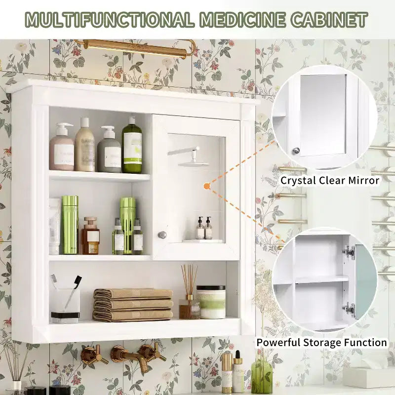 AMMER Armoire de salle de bain murale 32'' avec miroir, Armoire à pharmacie murale avec 4 étagères, Meuble de rangement avec porte miroir au-dessus des toilettes