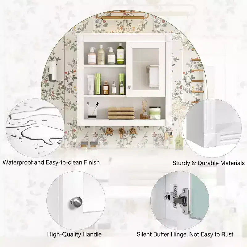 AMMER Armoire de salle de bain murale 32'' avec miroir, Armoire à pharmacie murale avec 4 étagères, Meuble de rangement avec porte miroir au-dessus des toilettes