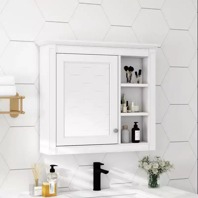 AMMER 30 x 28 Armoire à pharmacie, Armoire de rangement murale pour salle de bain, Armoire murale de salle de bain avec miroir, Armoire à miroir avec 3 étagères ouvertes