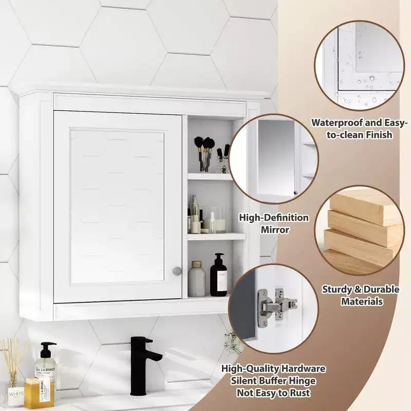 AMMER 30 x 28 Armoire à pharmacie, Armoire de rangement murale pour salle de bain, Armoire murale de salle de bain avec miroir, Armoire à miroir avec 3 étagères ouvertes