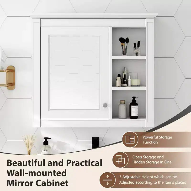 AMMER 30 x 28 Armoire à pharmacie, Armoire de rangement murale pour salle de bain, Armoire murale de salle de bain avec miroir, Armoire à miroir avec 3 étagères ouvertes