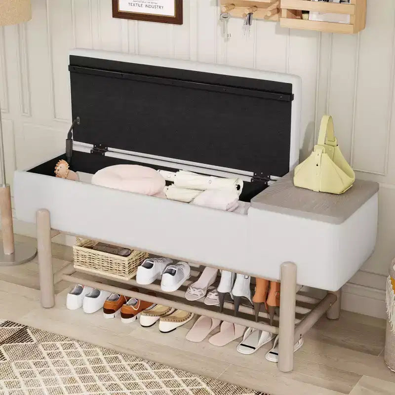 Banc de rangement rembourré JVNOXK de style ferme avec compartiment caché, banc d'entrée moderne pour salon, couloir, naturel