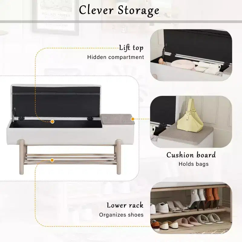 Banc de rangement rembourré JVNOXK de style ferme avec compartiment caché, banc d'entrée moderne pour salon, couloir, naturel
