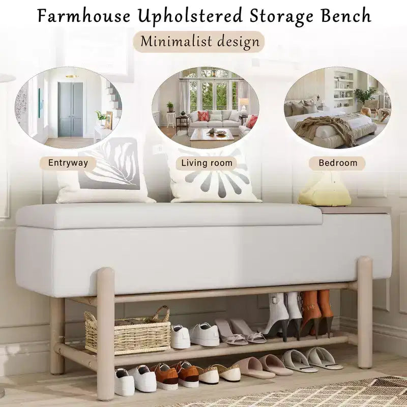 Banc de rangement rembourré JVNOXK de style ferme avec compartiment caché, banc d'entrée moderne pour salon, couloir, naturel