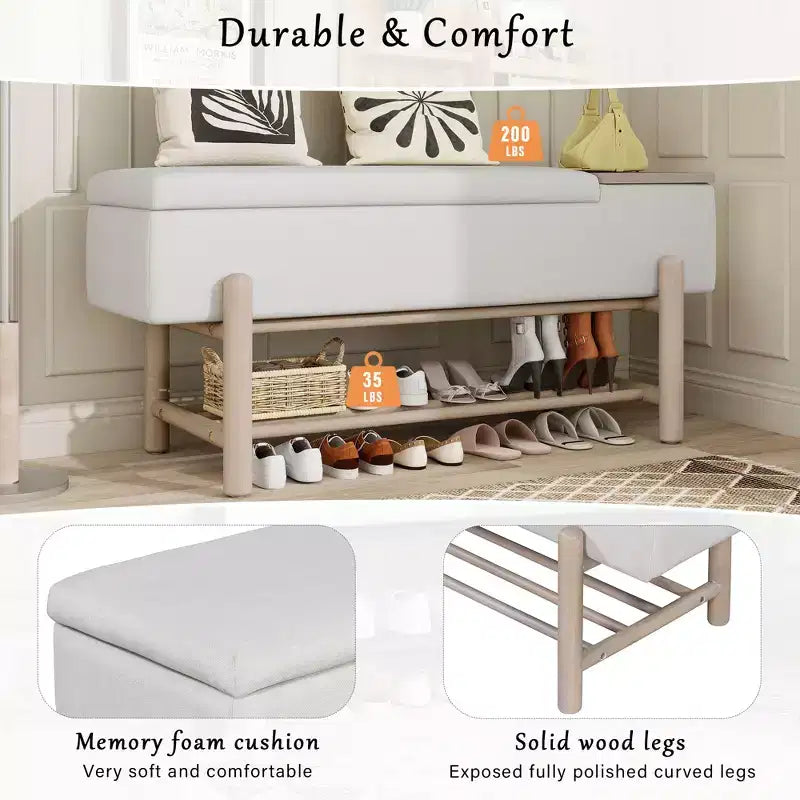 Banc de rangement rembourré JVNOXK de style ferme avec compartiment caché, banc d'entrée moderne pour salon, couloir, naturel