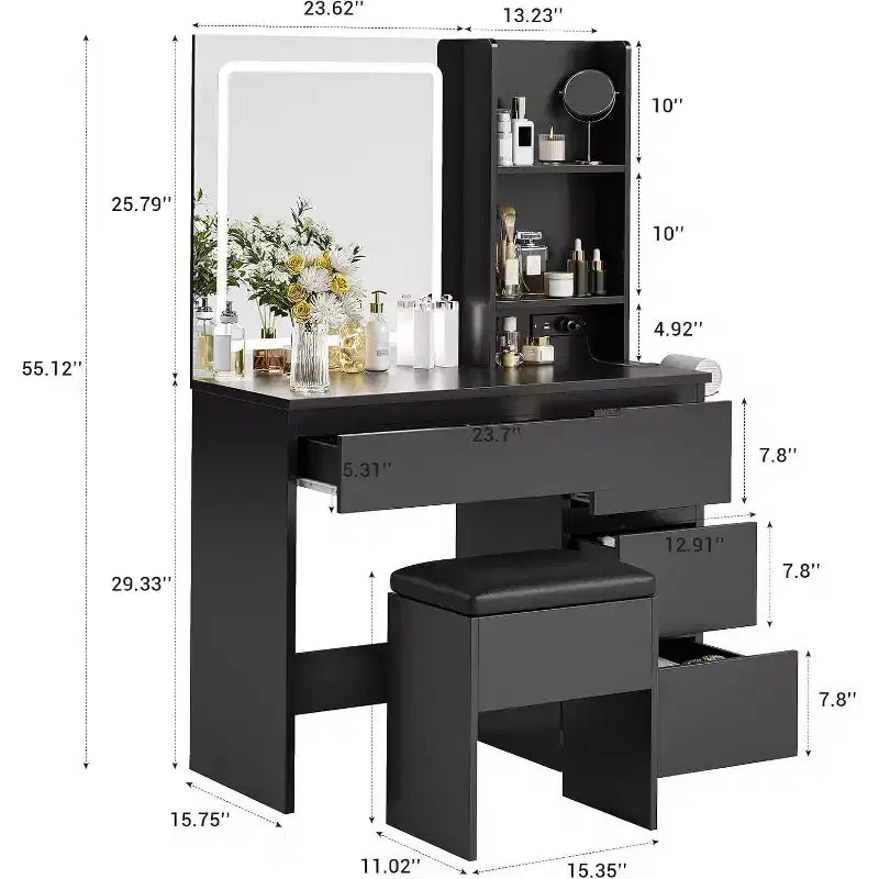 Coiffeuse avec miroir et lumières, table de maquillage avec prises, tabouret de rangement, tiroirs et support de sèche-cheveux pour salon et chambre, noir